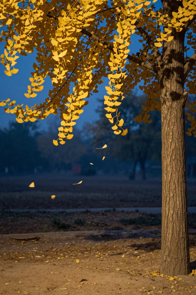 Ginkgo Tree Golden Leaves Blue Hour Twilight Saharsa in near Saharsa