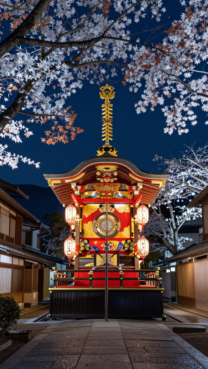 Gion Matsuri Float Under Winter Night Sky in at a festival street procession in Arashiyama, Kyoto