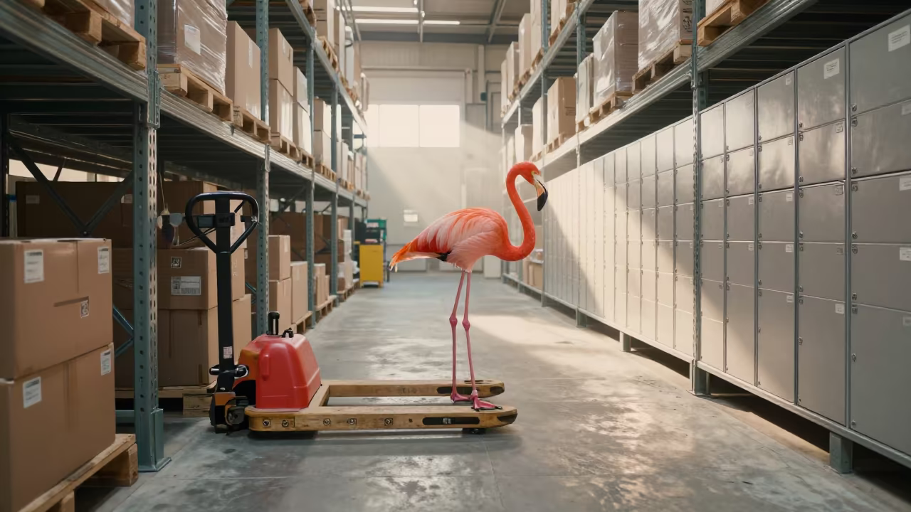 Giraffe Flamingo in Dubrovnik Distribution Bay in inside a chilled distribution bay in Pile, Dubrovnik