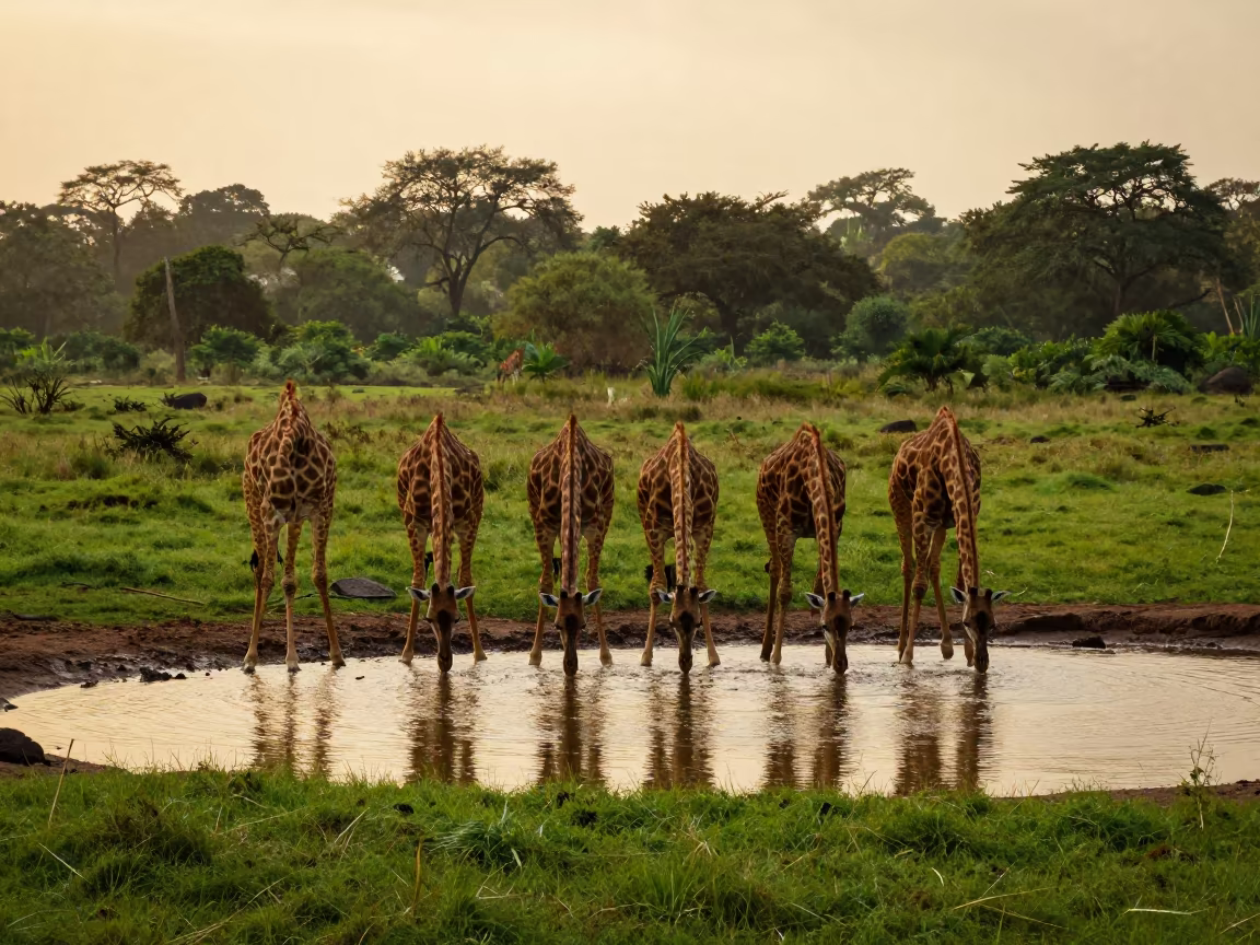Giraffe Herd Drinking at Goa Watering Hole Sunset in along a game trail in Goa