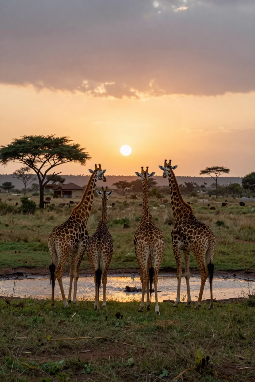 Giraffe Herd Drinking at Sunset Ridge in on a wind-scoured ridge near Dar es Salaam