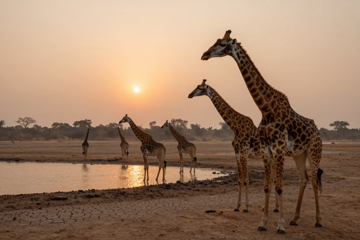 Giraffe Herd Sunset at Tonle Bassac Watering Hole in near Tonle Bassac, Phnom Penh