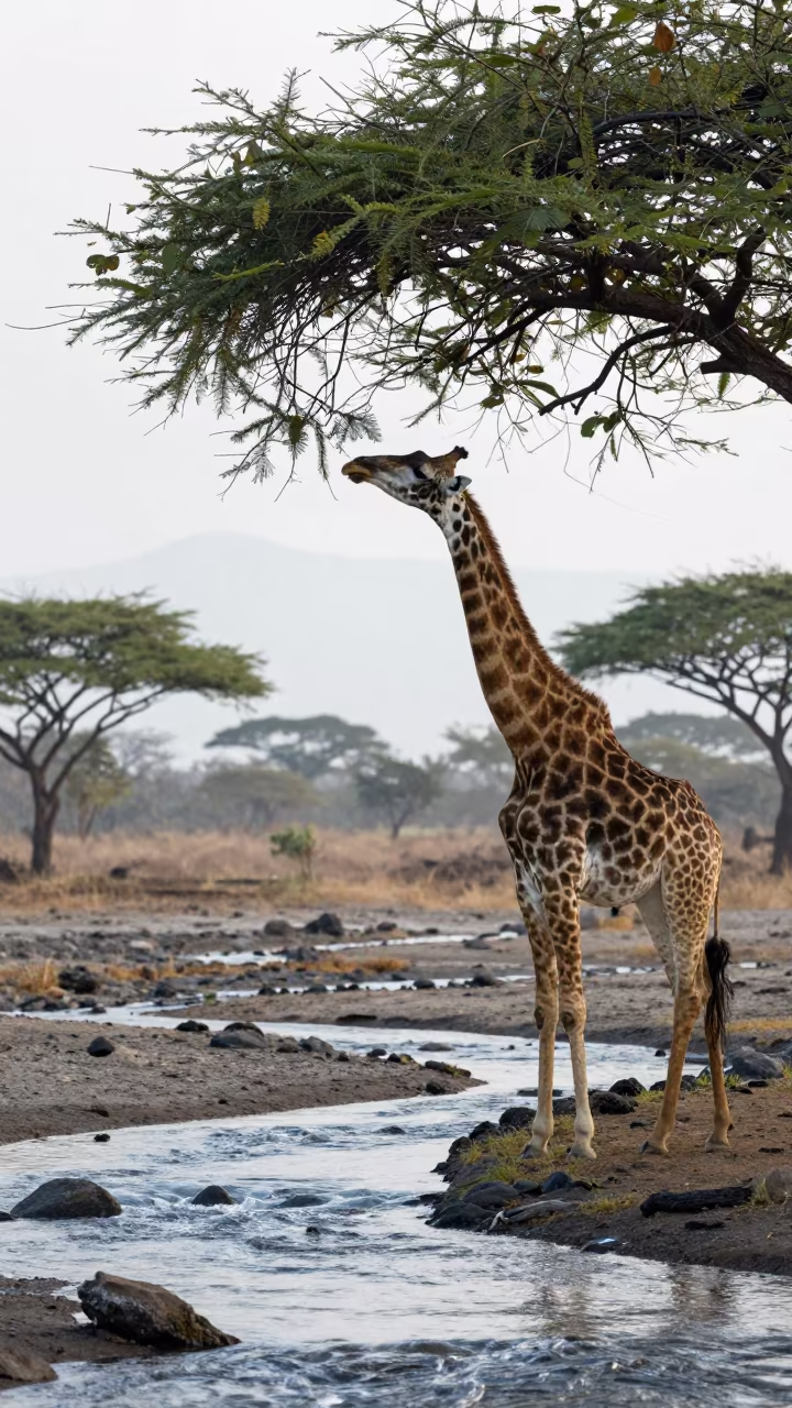 Giraffe Reaching Acacia Leaves Dawn Light Philippines in above a glacial stream in Philippines