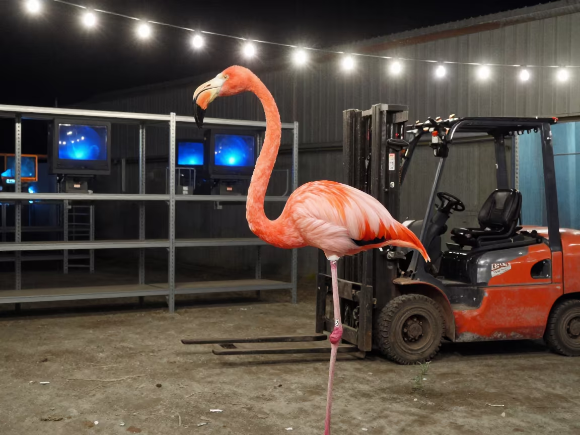 Giraffe-Sized Flamingo in Balkanabat Warehouse Night in inside a chilled distribution bay in Balkanabat