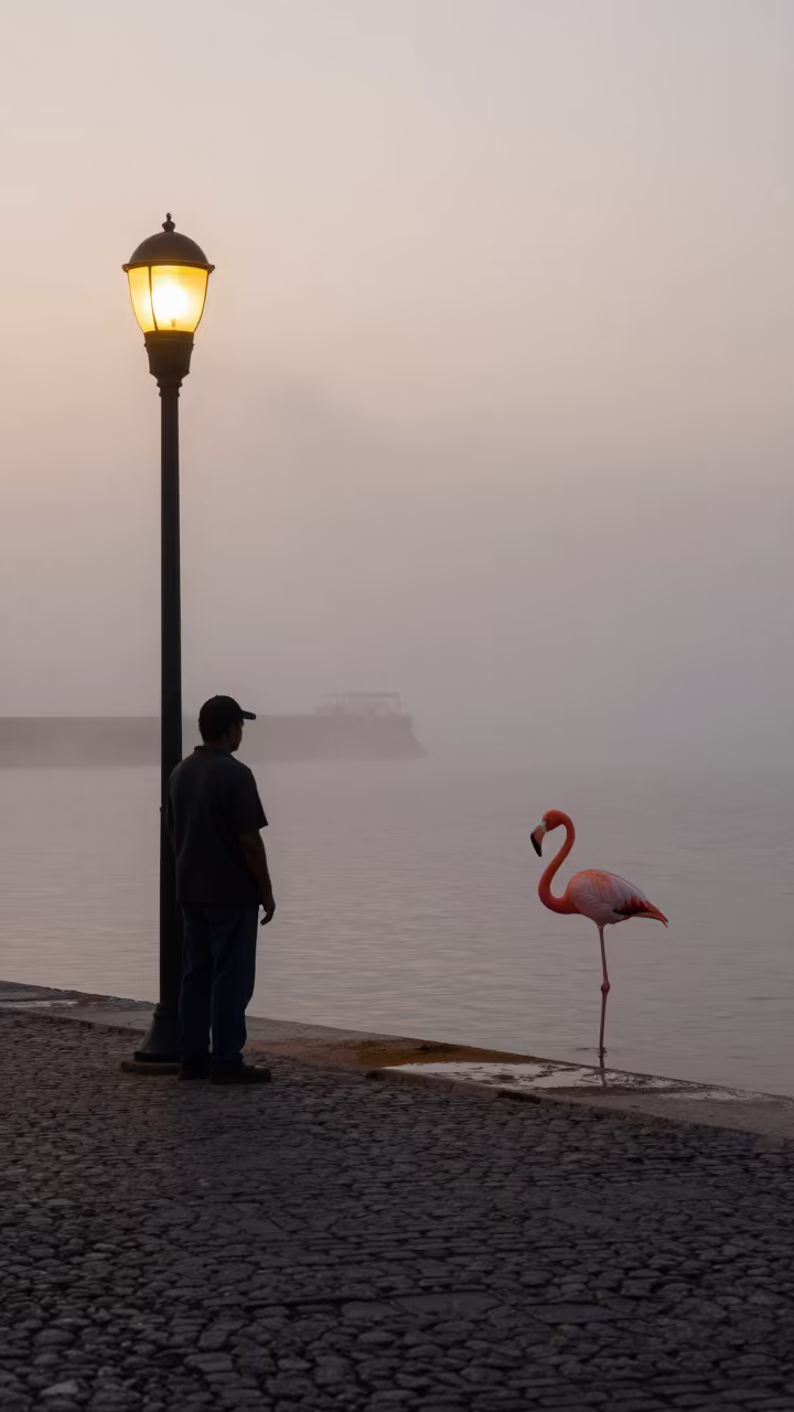 Giraffe-Sized Flamingo Wades Harbor Edge in at a harbor edge in Calle Jaen, La Paz