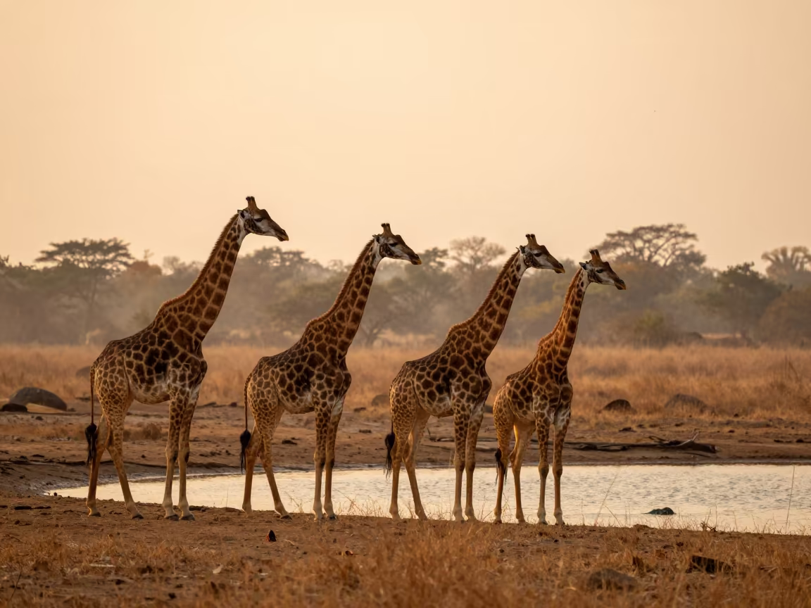 Giraffes at Sunset Over Glacial Stream in above a glacial stream in Tamil Nadu