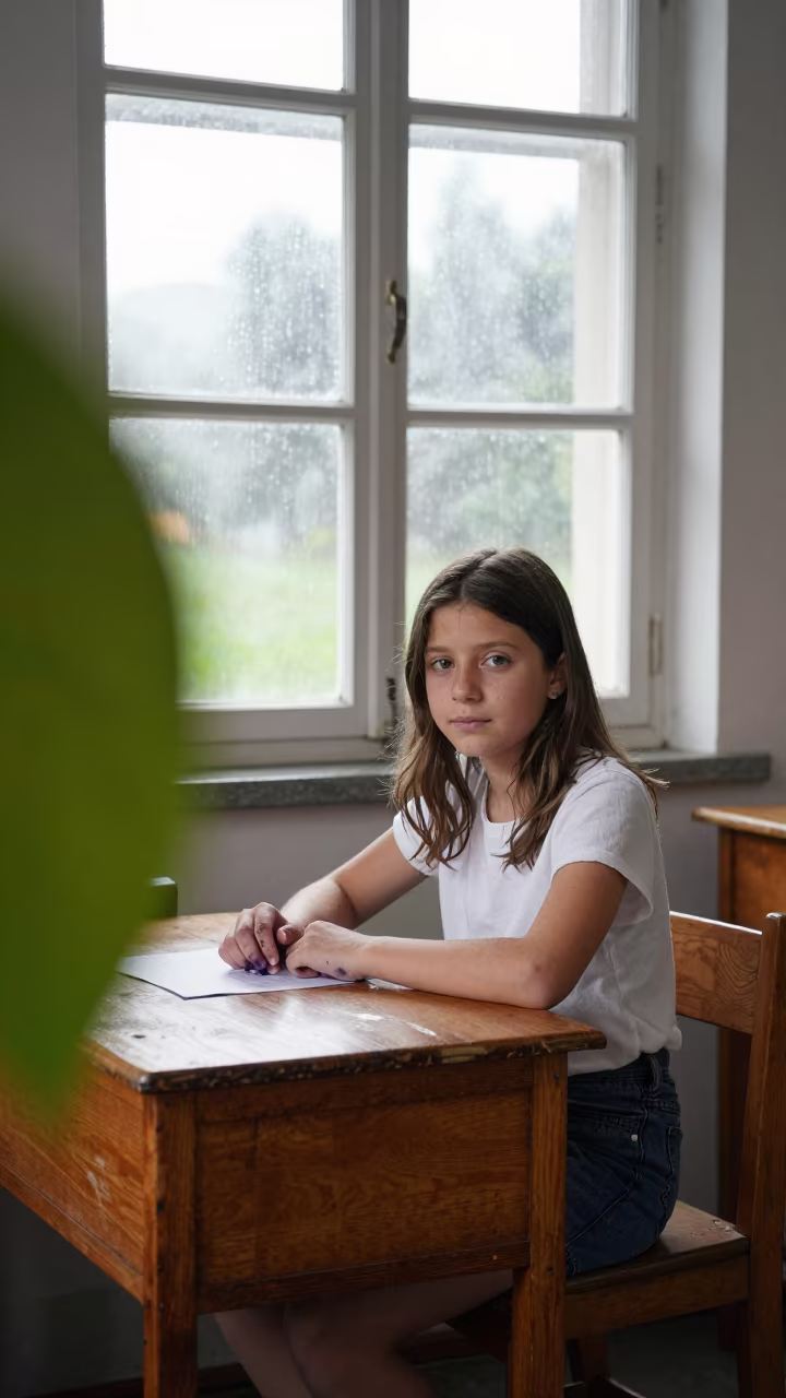 Girl at School Desk Ink Stained Fingers Valera in in the old quarter in Valera