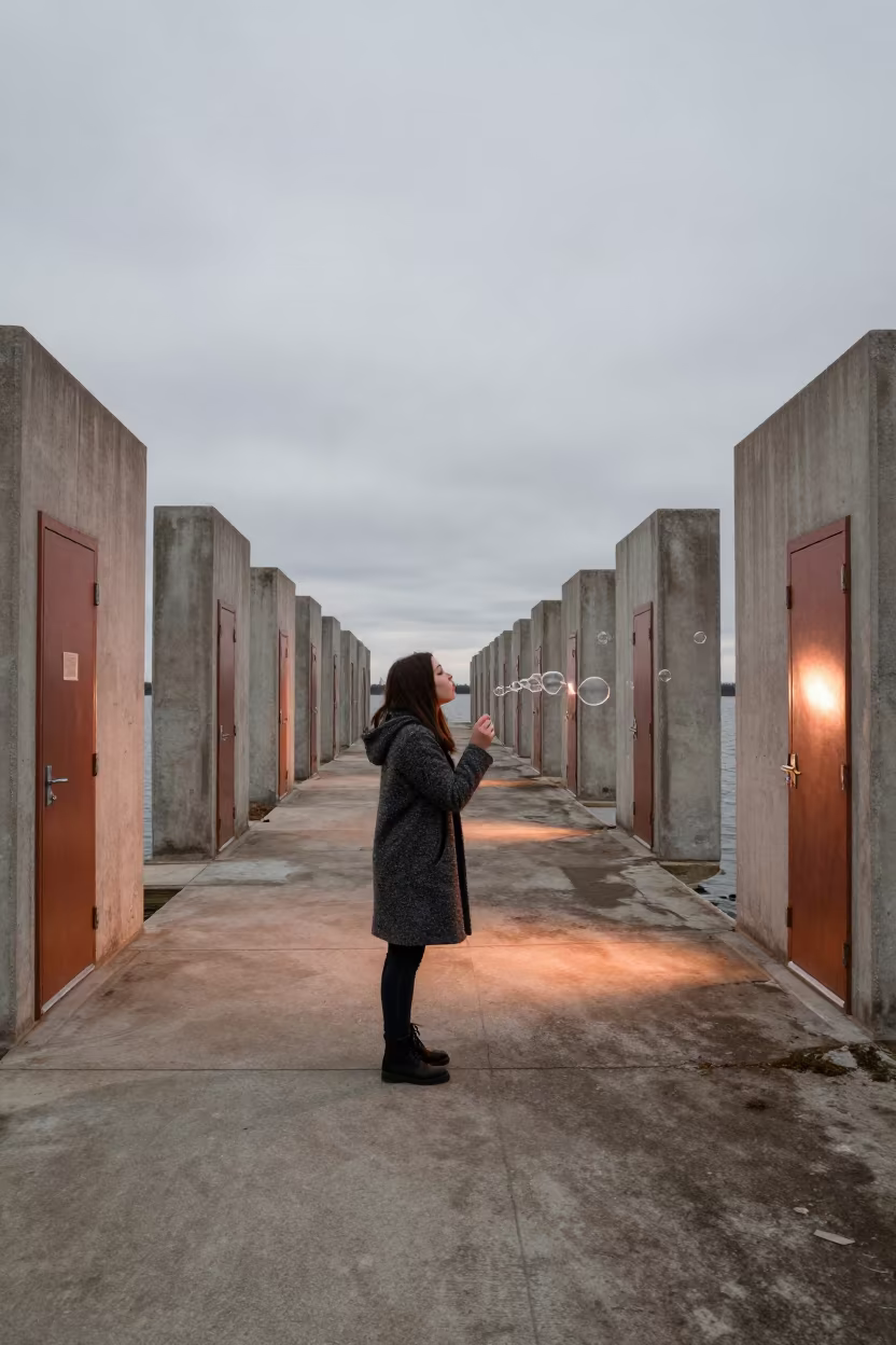 Girl Blowing Bubbles at Harbor Edge in at a harbor edge in Carrollton