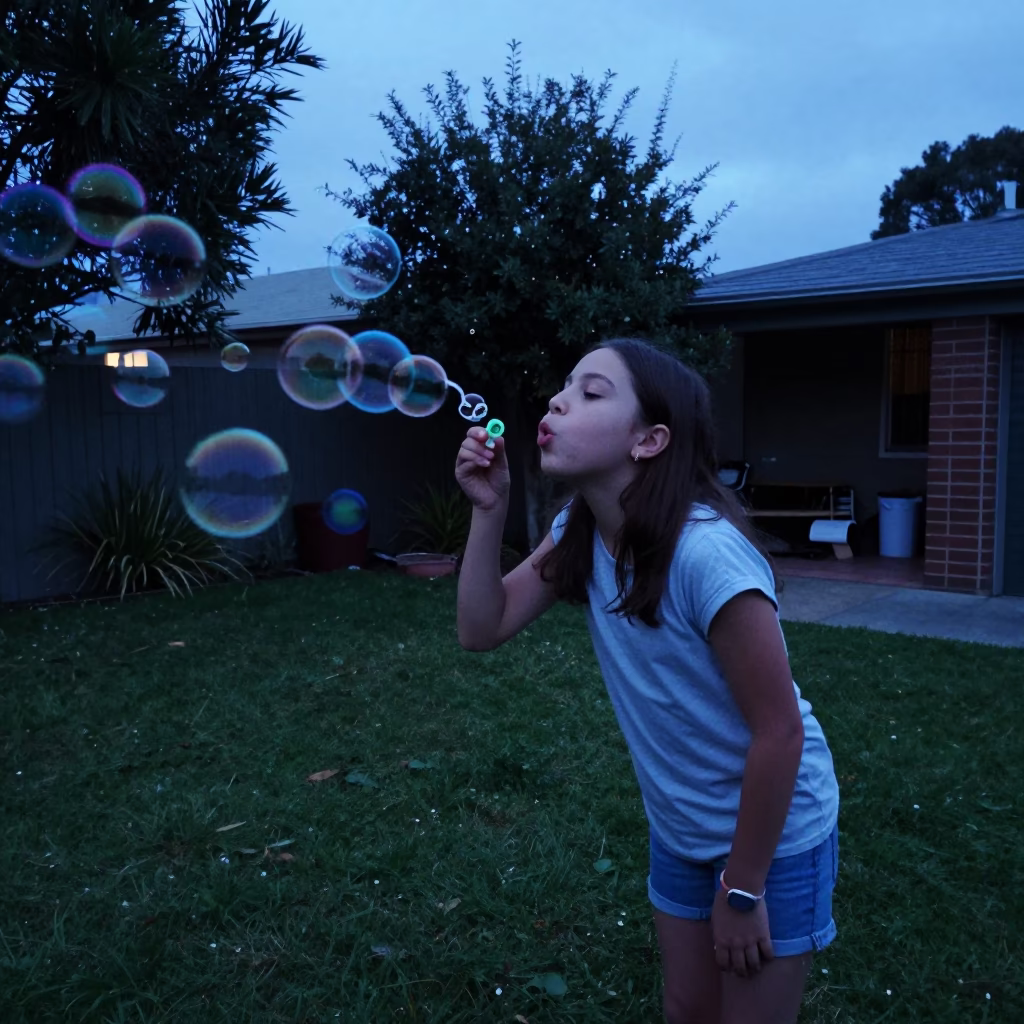 Girl Blowing Bubbles in a Perth Garden During Evening Blue Hour in in Perth, Western Australia, Australia