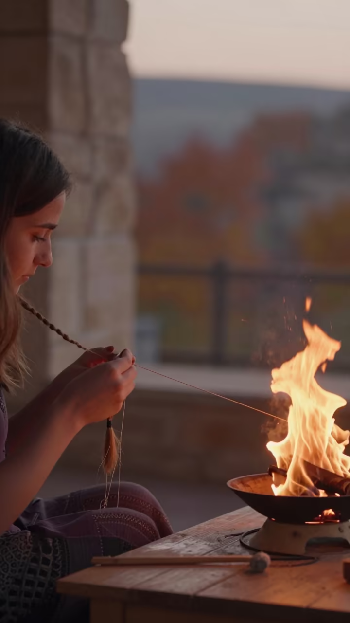 Girl Braiding Thread by Firelight Before Dawn in in Zonguldak