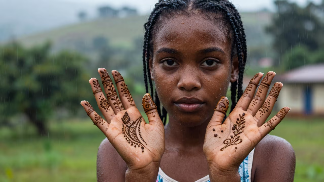 Girl with Henna Palms in Pétion-Ville Rain in in Pétion-Ville
