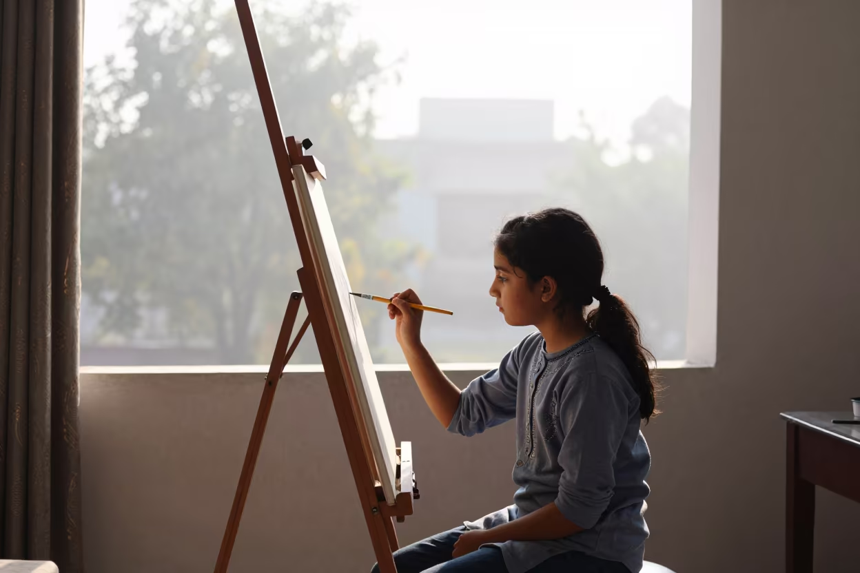 Girl Painting at Easel in Rawalpindi Midday in in Rawalpindi