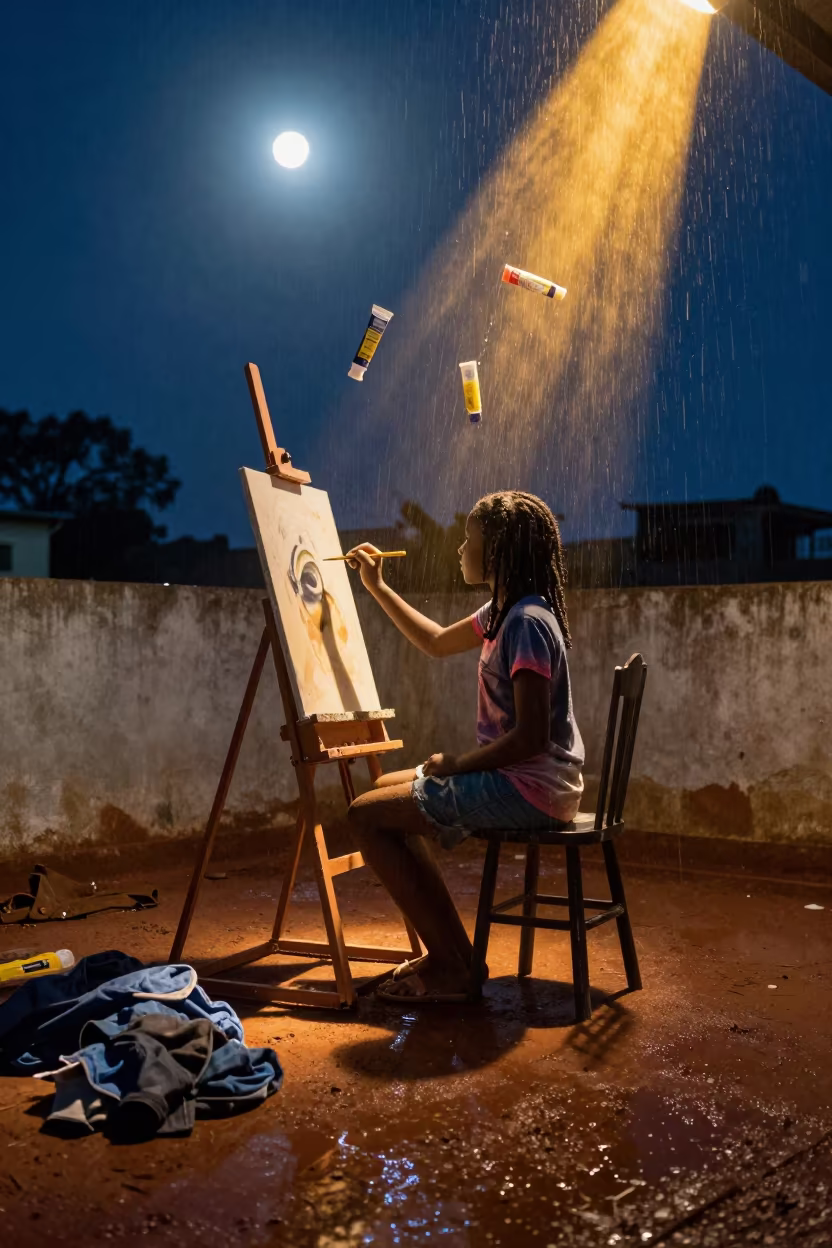Girl Painting Floating Easel Midnight Monsoon in near Mbuji-Mayi