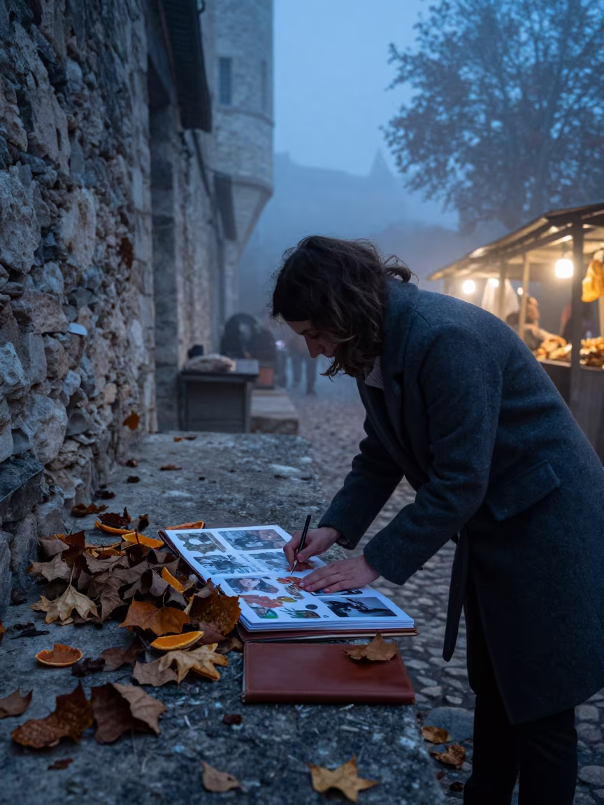 Girl Pressing Autumn Leaves in Avignon Market Lane in along a market lane in Avignon