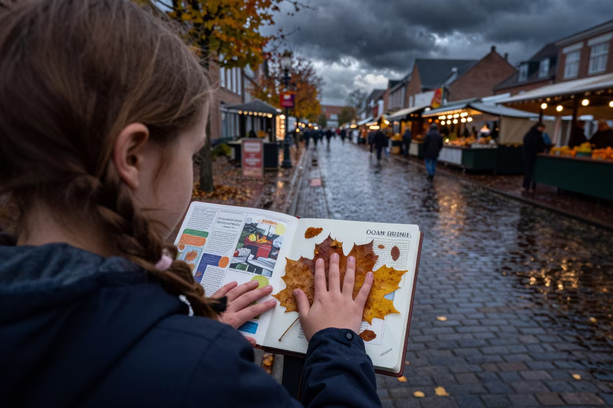 Girl Pressing Autumn Leaves in Groningen Market Lane in along a market lane in Groningen