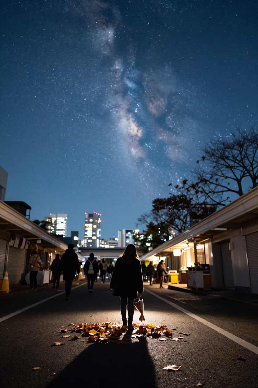 Girl Pressing Leaves With Daytime Milky Way in Odaiba in along a market lane in Odaiba, Tokyo