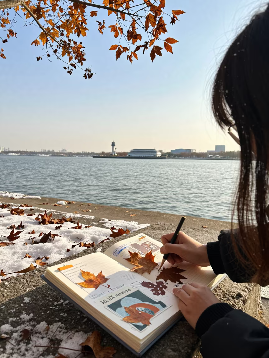 Girl Pressing Leaves in Hsinchu Harbor Snow in at a harbor edge in Hsinchu