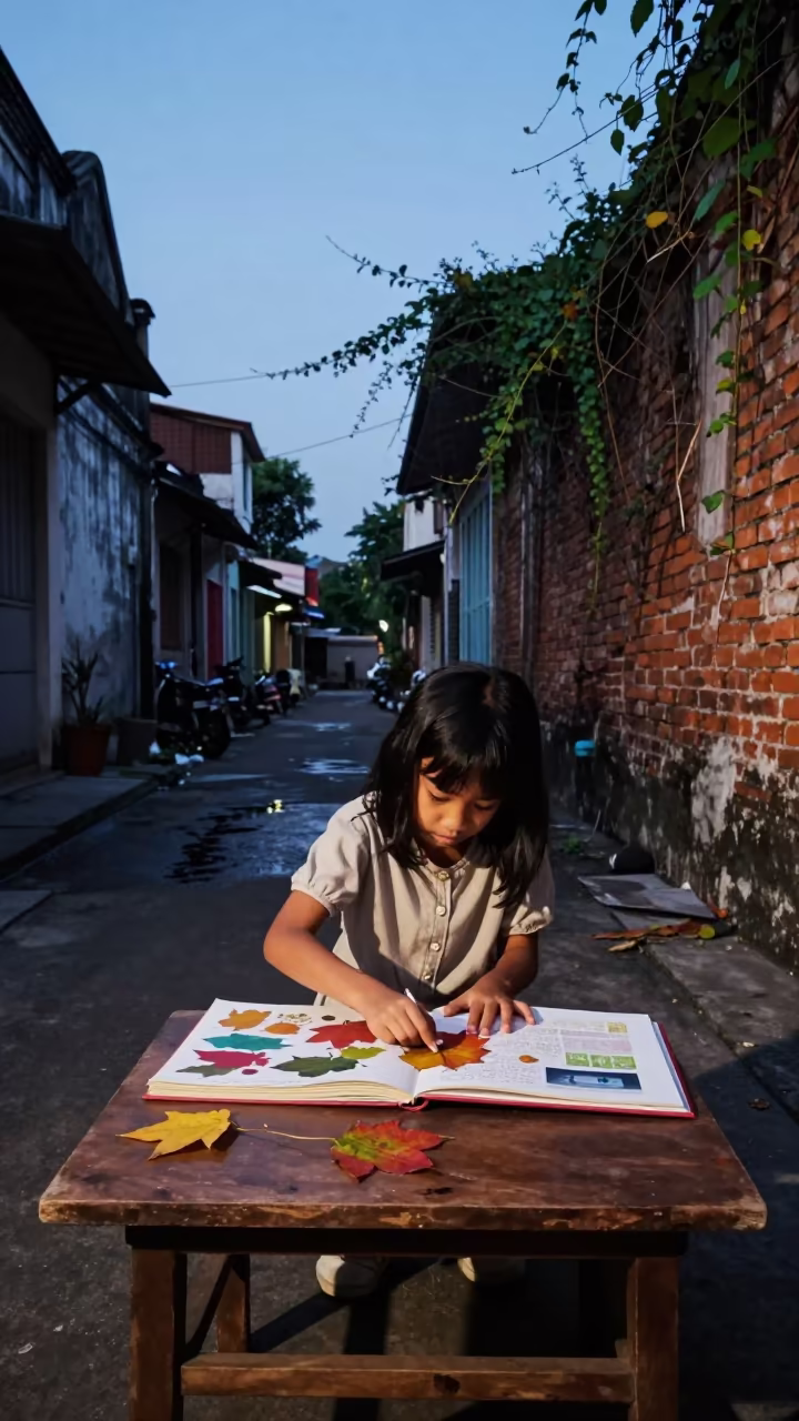 Girl Pressing Leaves in Medan Old Quarter Evening in in the old quarter in Medan