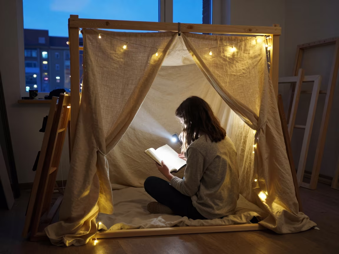 Girl Reading in Baia Mare Atelier Blanket Fort in in an atelier in Baia Mare