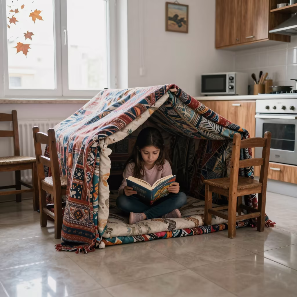 Girl Reading in Blanket Fort Kitchen Benghazi in in a kitchen in Benghazi