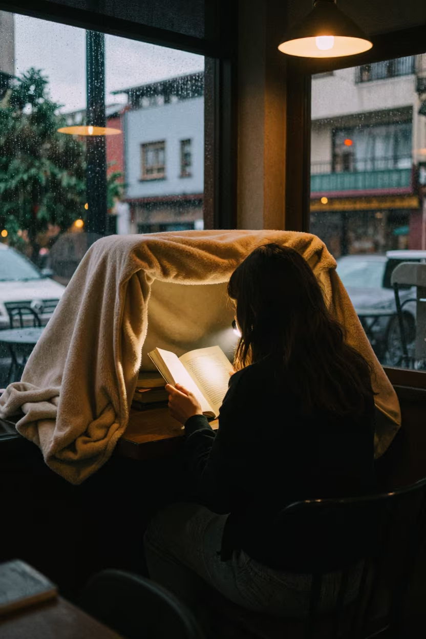 Girl Reading Under Blanket Fort in Medellin Cafe in in a cafe in Medellin