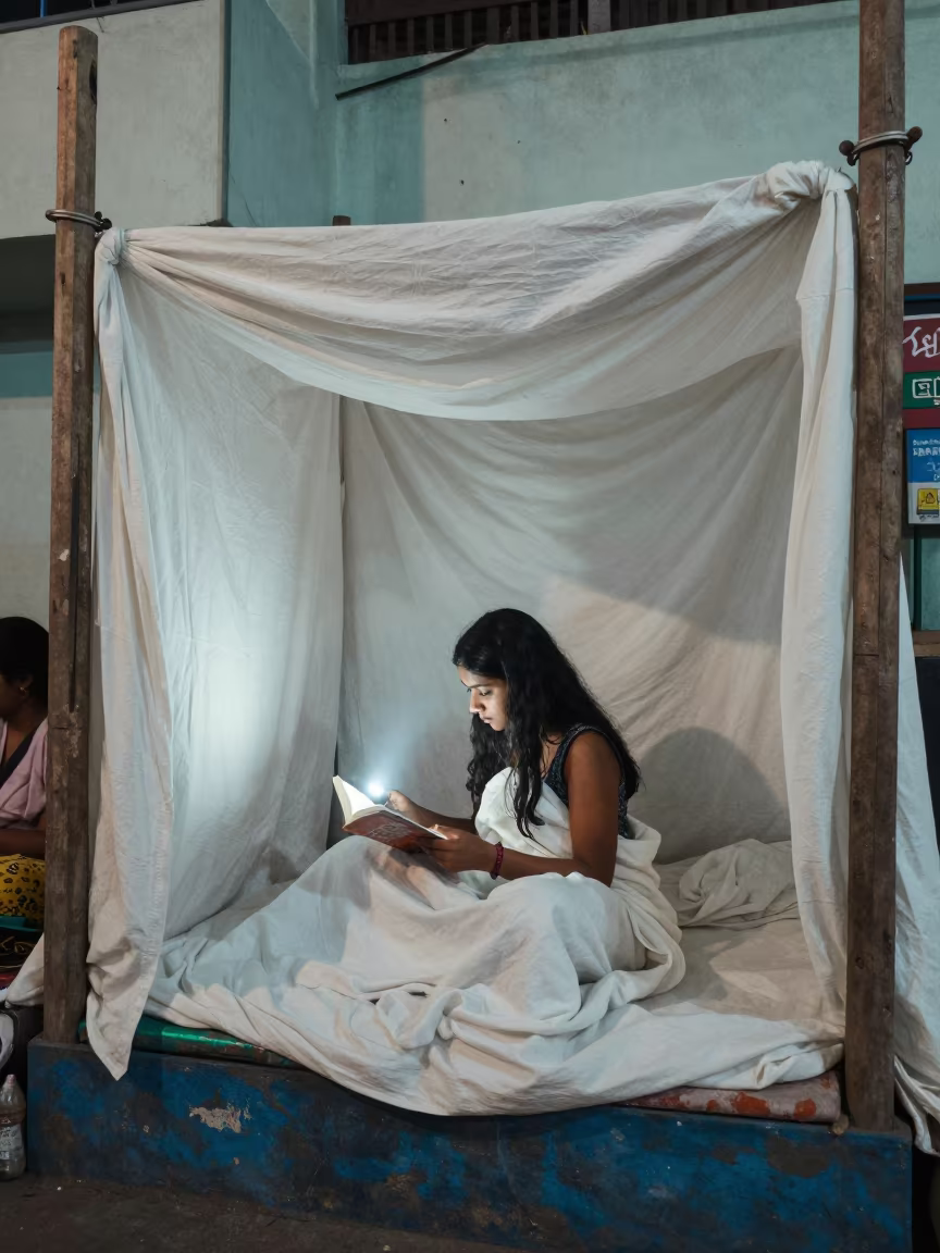 Girl Reading in Market Hall Indore in in a market hall in Indore
