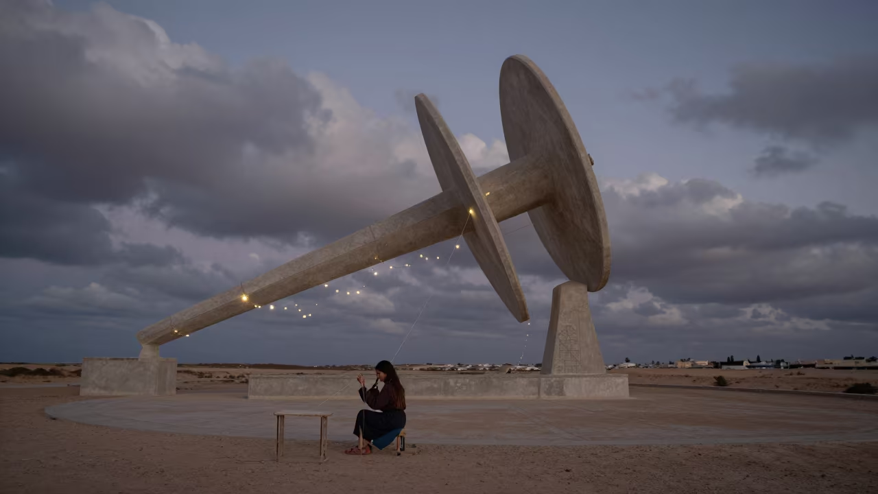 Girl Spins Giant Thread Under Predawn Lights in near Skikda