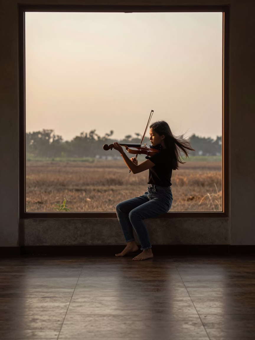 Girl Playing Violin in Sunset Light Bandung in in Bandung