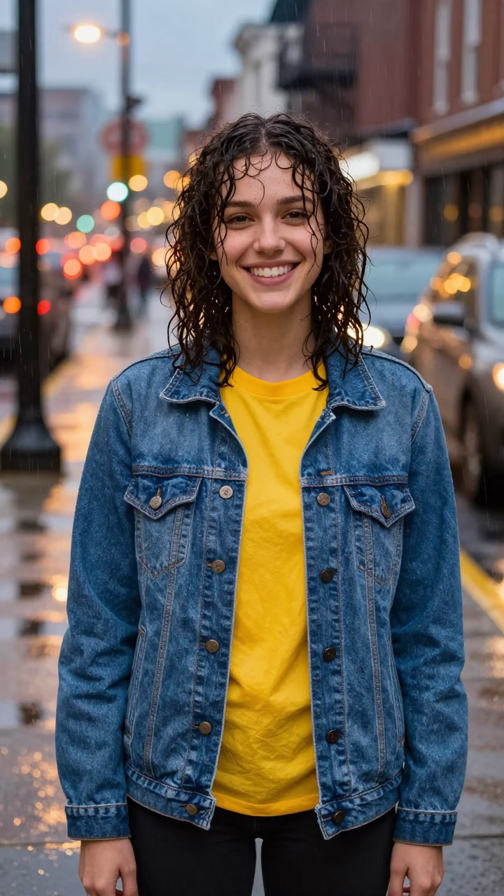 Girl with Gap-Toothed Smile and Rain-Wet Curls in Nashville Tennessee Evening Light in in Nashville, Tennessee, United States
