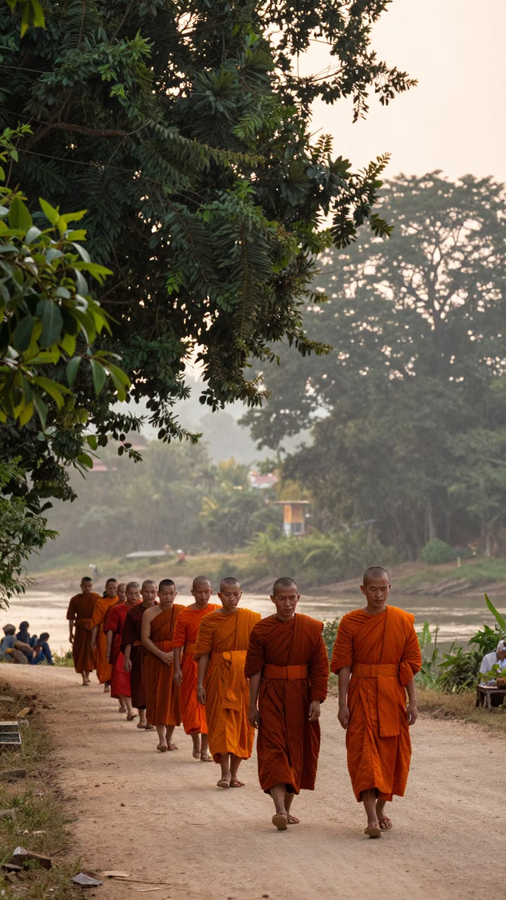 Giving Ceremony at First Light Of Dawn in Luang Prabang in in Luang Prabang, Laos