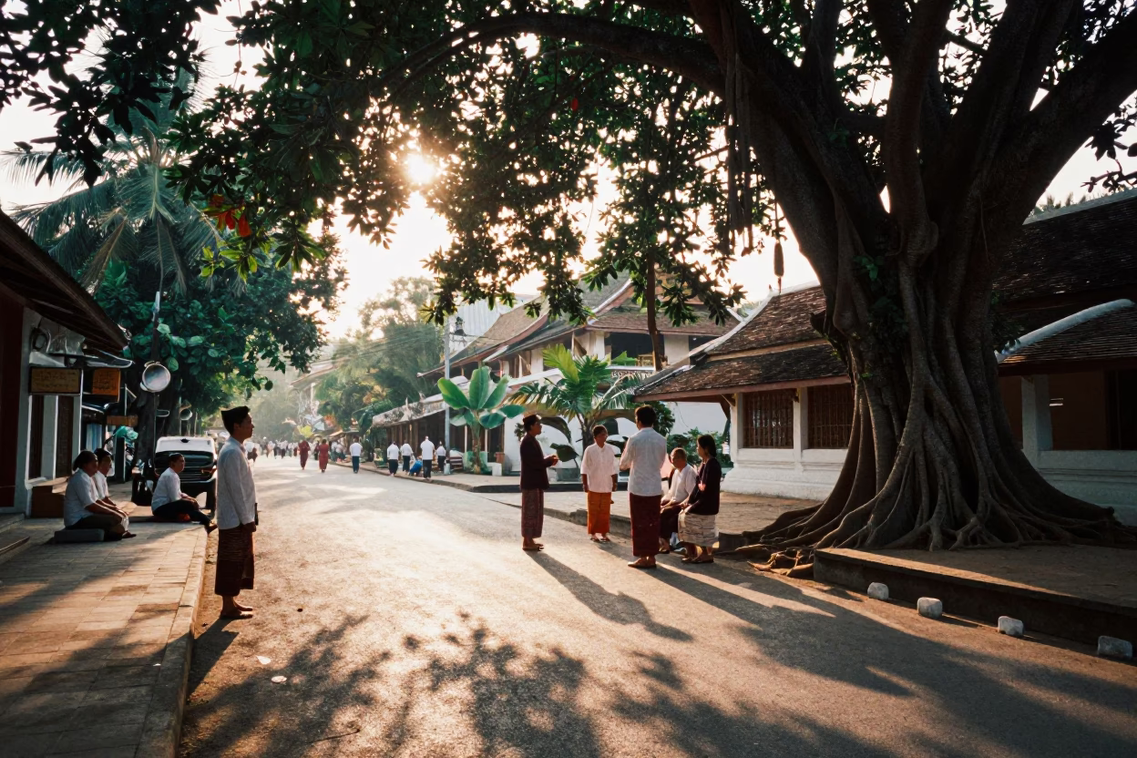 Giving Ceremony in Luang Prabang at As First Light Reaches The Scene in in Luang Prabang, Laos