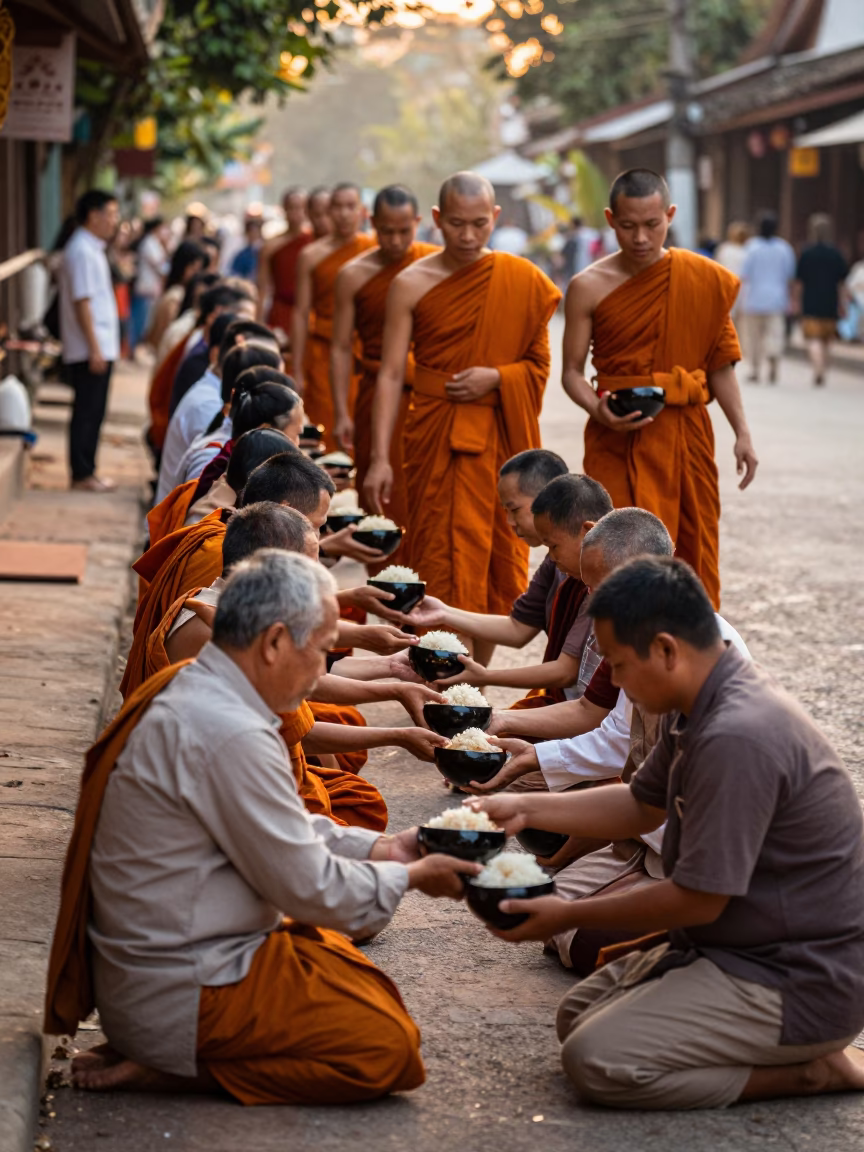 Giving Ceremony in Luang Prabang at Honeyed Evening Light in in Luang Prabang, Laos