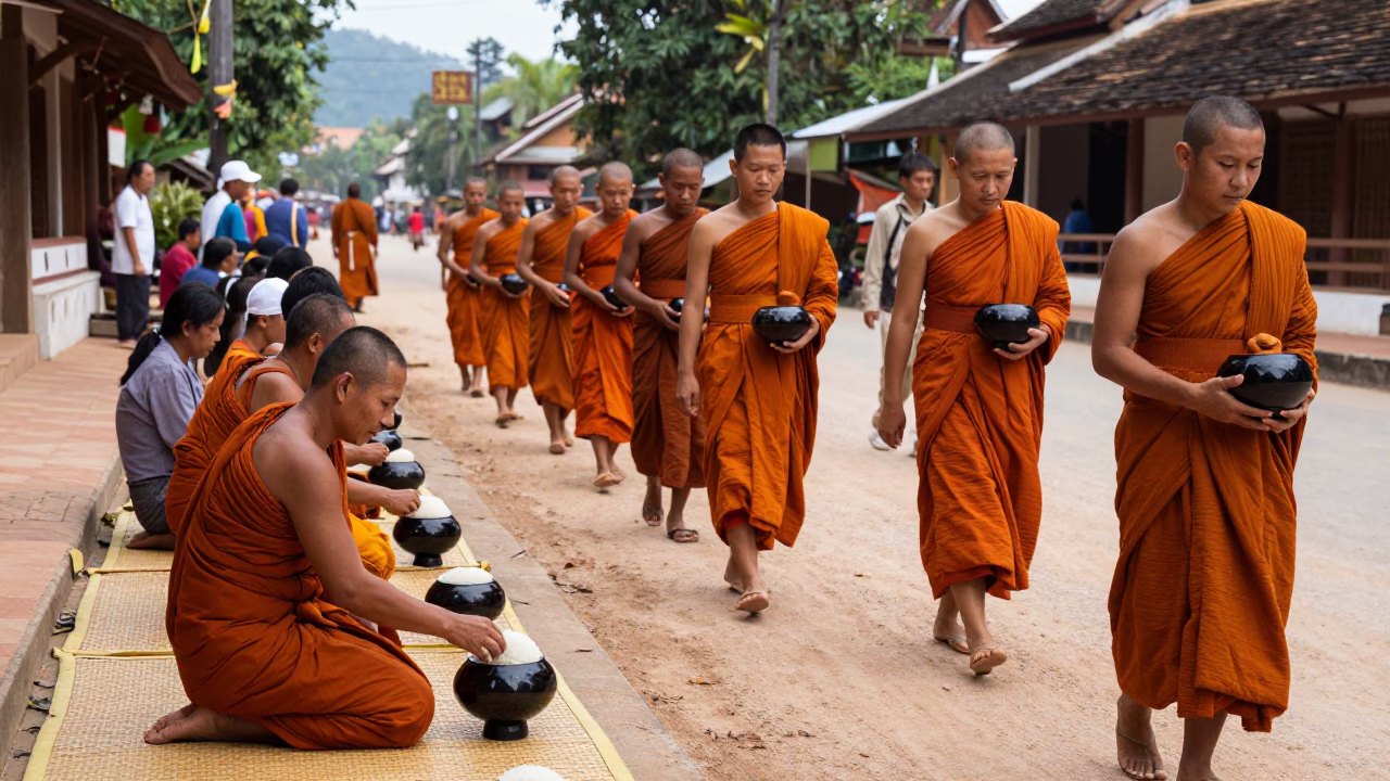 Giving Ceremony in Luang Prabang at Midday Light in in Luang Prabang, Laos
