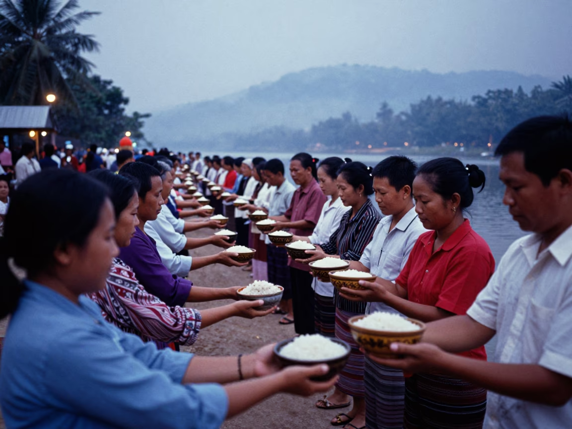 Giving Ceremony in Luang Prabang at Nautical Dawn Light in in Luang Prabang, Laos