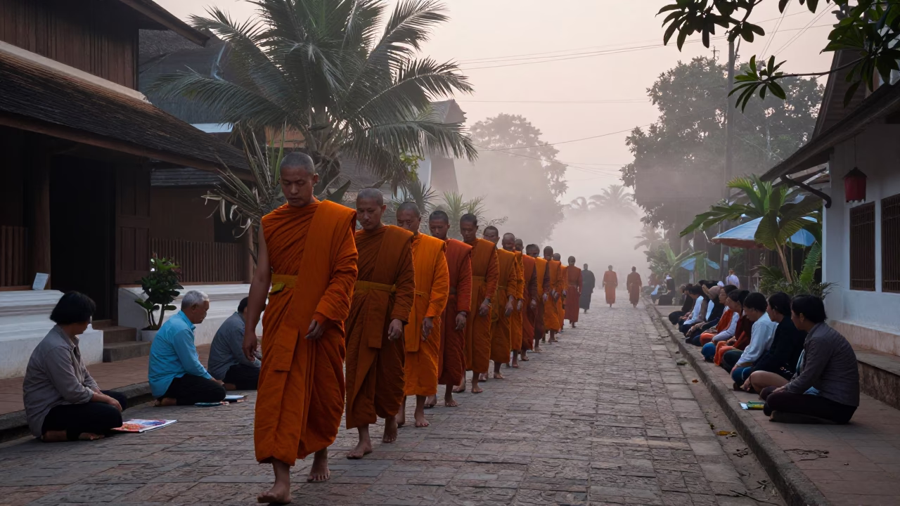 Giving Ceremony in Luang Prabang at Sunrise Light in in Luang Prabang, Laos