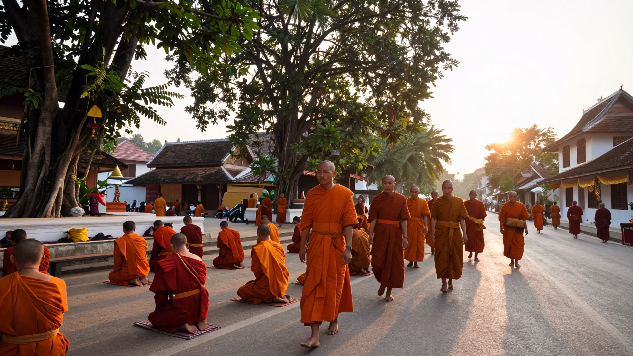 Giving Ceremony just after sunrise in Luang Prabang in in Luang Prabang, Laos