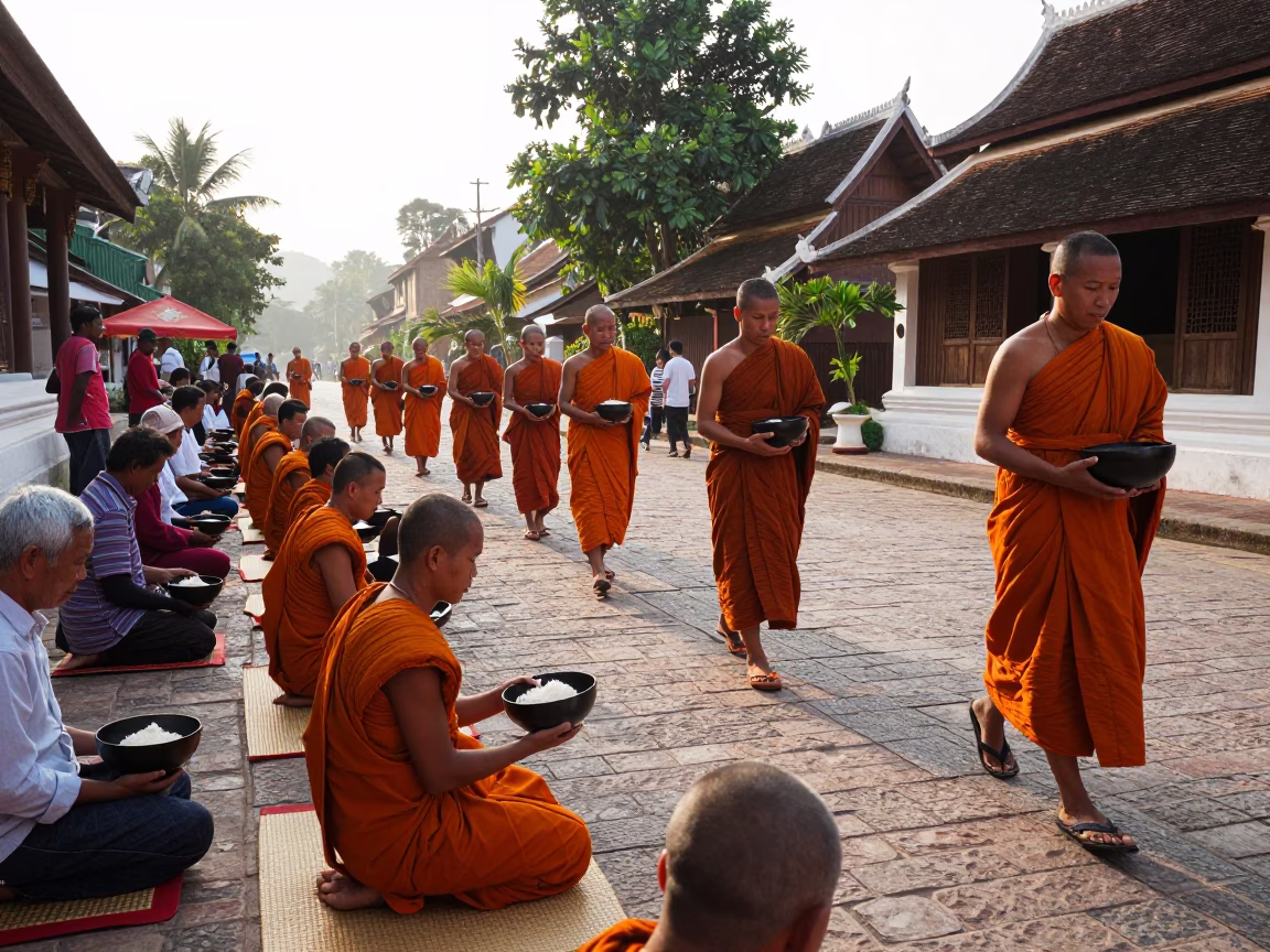 Giving Monks in Luang Prabang at As First Light Reaches The Scene in in Luang Prabang, Laos
