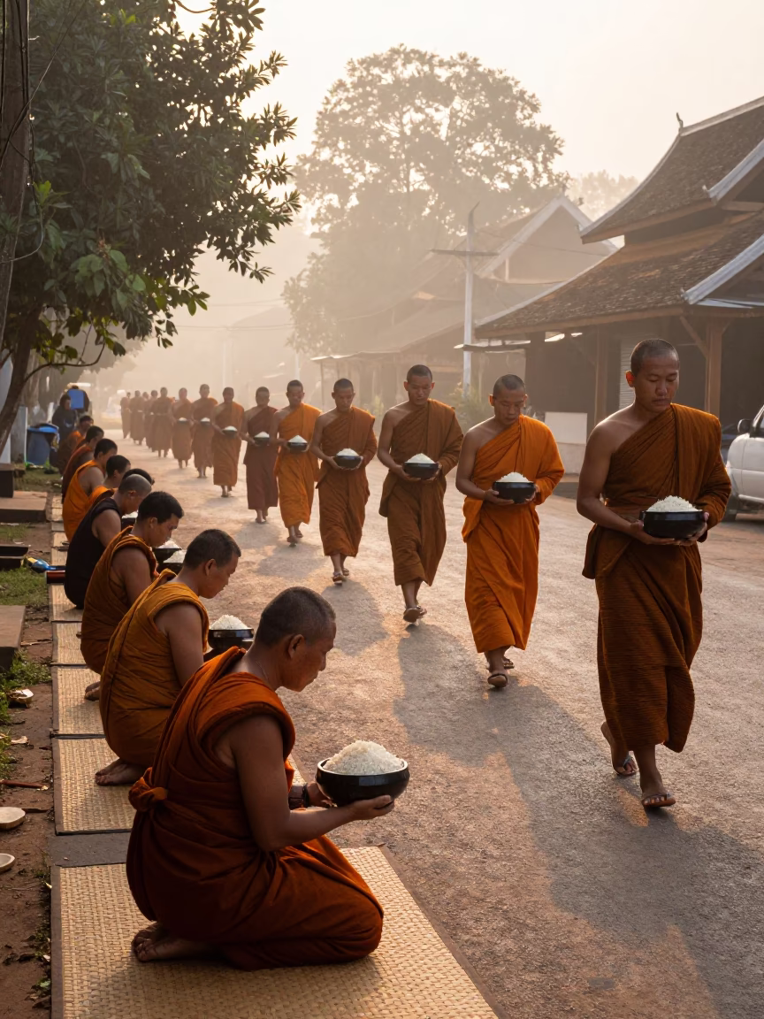 Giving Monks in Luang Prabang at The Early Morning Light in in Luang Prabang, Laos