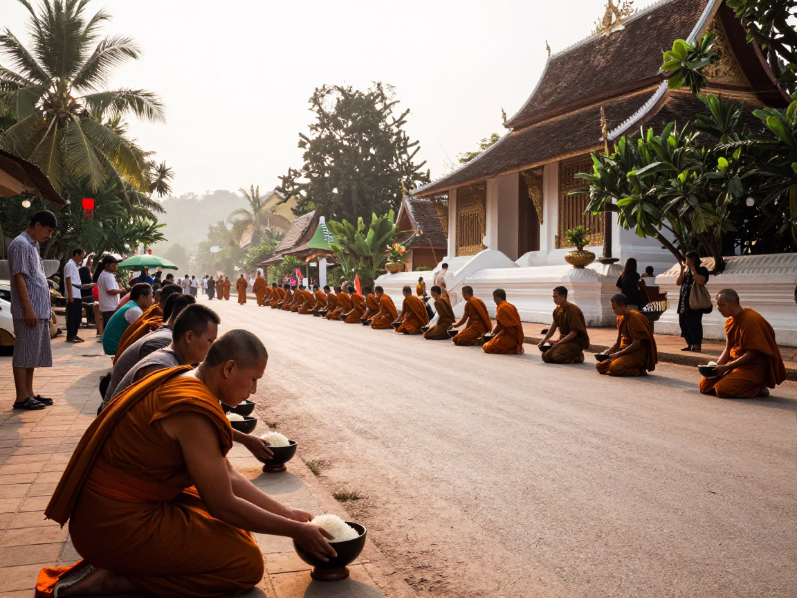 Giving Procession in Luang Prabang at As First Light Reaches The Scene in in Luang Prabang, Laos