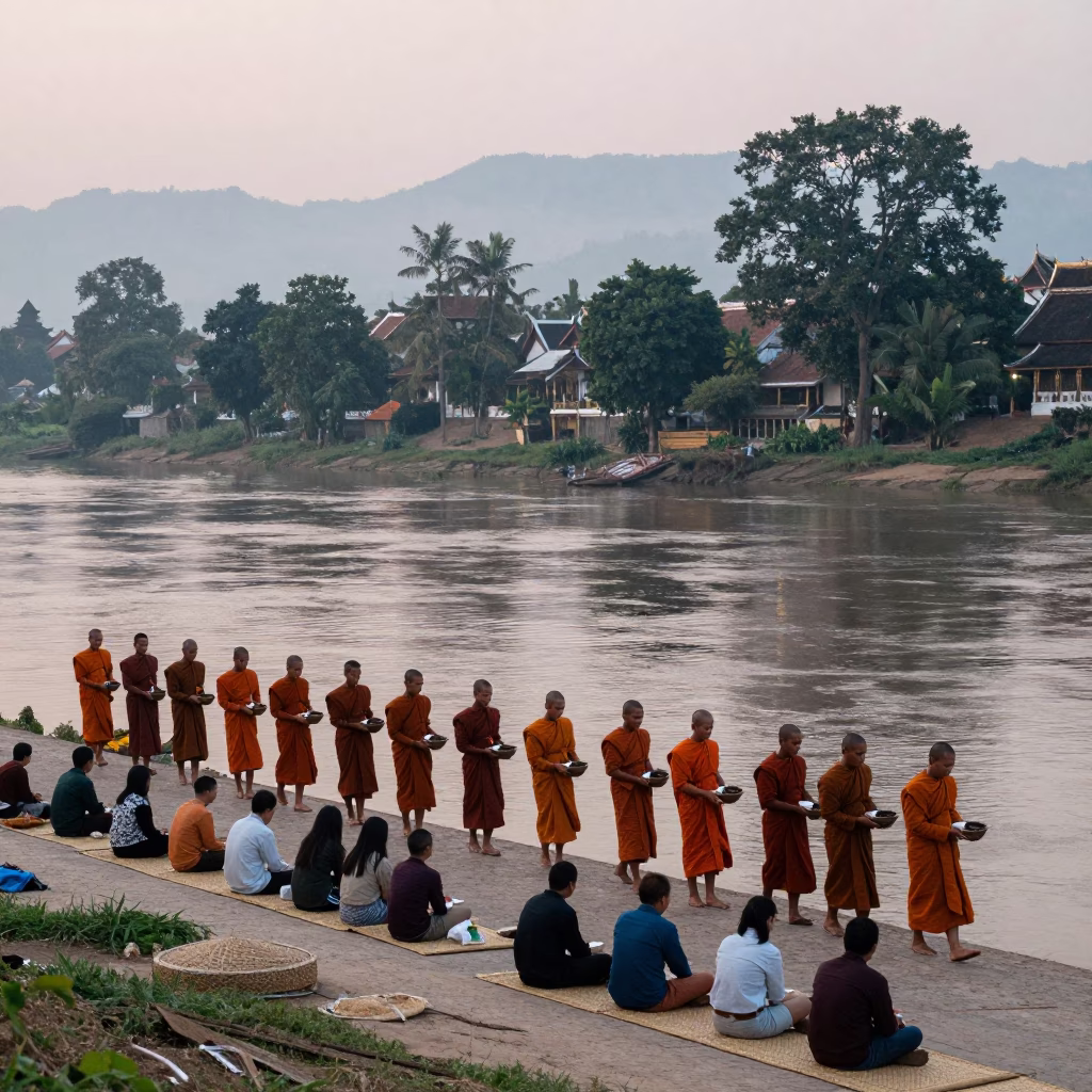 Giving Scene in Luang Prabang at Sunrise Light in in Luang Prabang, Laos
