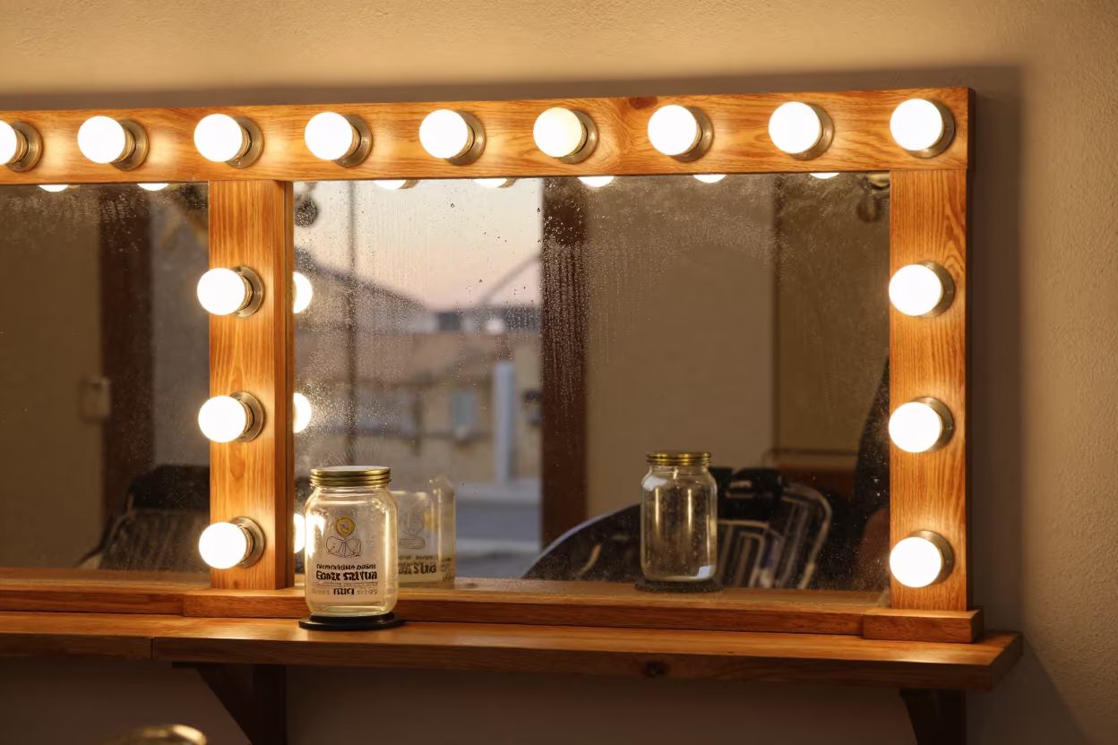 Giza Barber Station Tip Jar Sunset Light in at a barber station beneath mirror bulbs in Giza