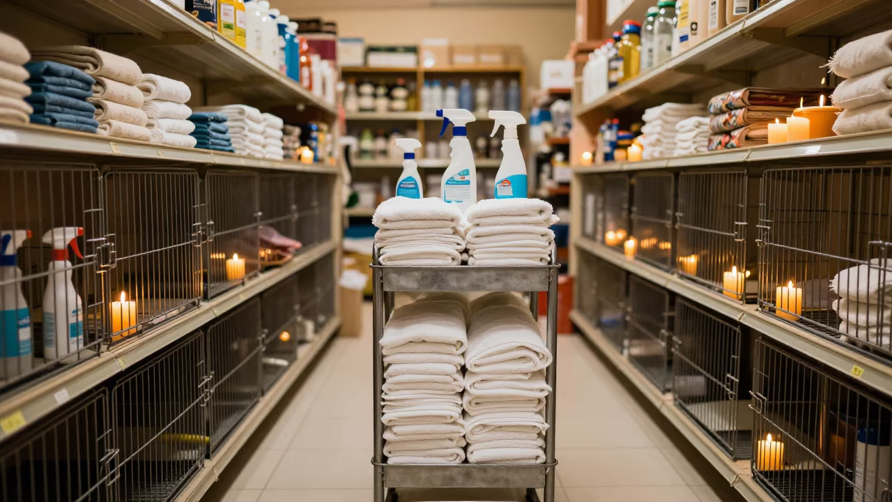 Giza Pet Store Cart with Towels and Spray in inside a pet store aisle in Giza