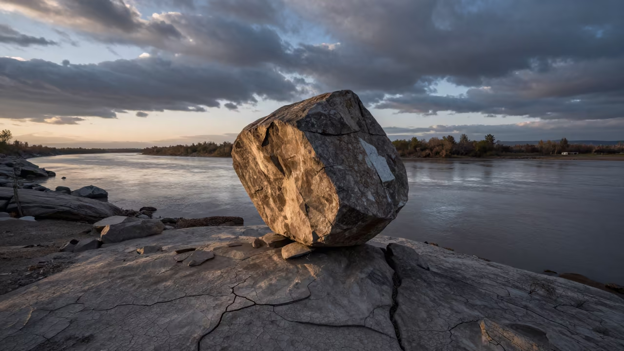 Glacial Boulder on Shoreline at Dusk in along a wave-cut shoreline near BKK1, Phnom Penh