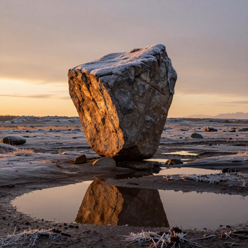 Glacial Erratic on Frosty Floodplain Tyre in across a floodplain after rain near Tyre