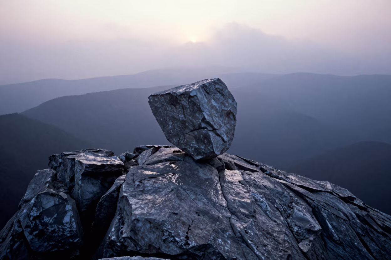 Glacial Erratic on Henan Ridge Before Dawn in from a ridge above layered foothills in Henan