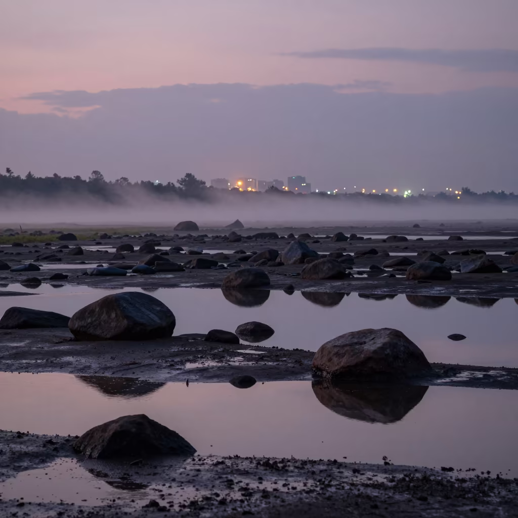 Glacial Moraine Boulders Reflected in Floodplain Mist in across a floodplain after rain near Davao