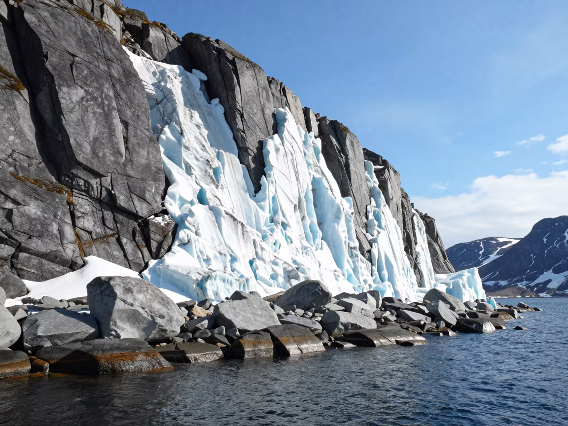 Glacial Moraine Wall on Oslo Shoreline in Snow in along a wave-cut shoreline near Oslo
