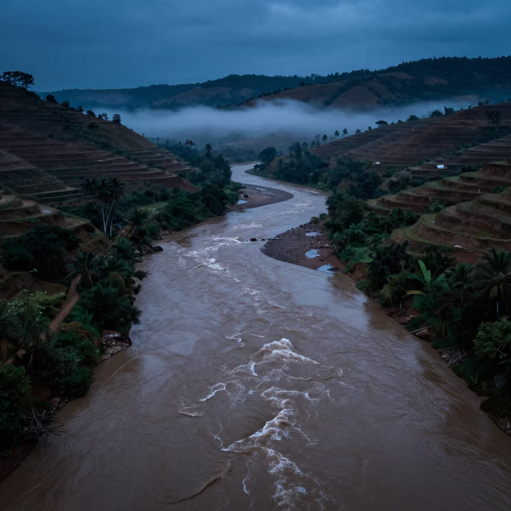 Glacial Silt Braided River Aerial Wet Season in far above terraced hillsides in Sri Lanka