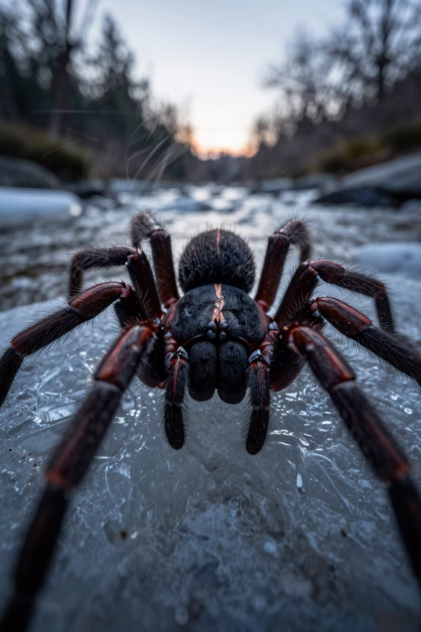 Glacial Stream Spider Fangs Magnified Early Evening in above a glacial stream near Kenitra