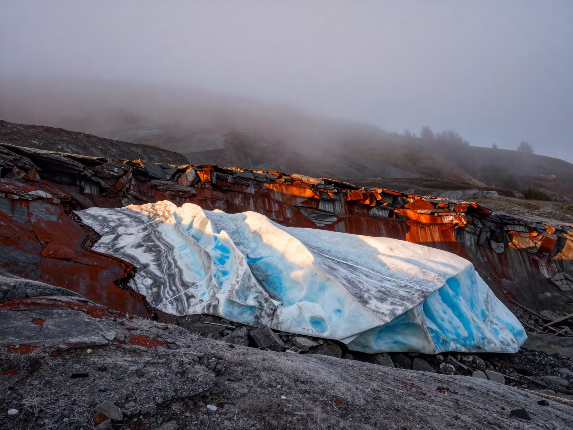 Glacier Blue Ice Against Iron Rock at Dawn in from a ridge above layered foothills near Commercial Drive, Vancouver